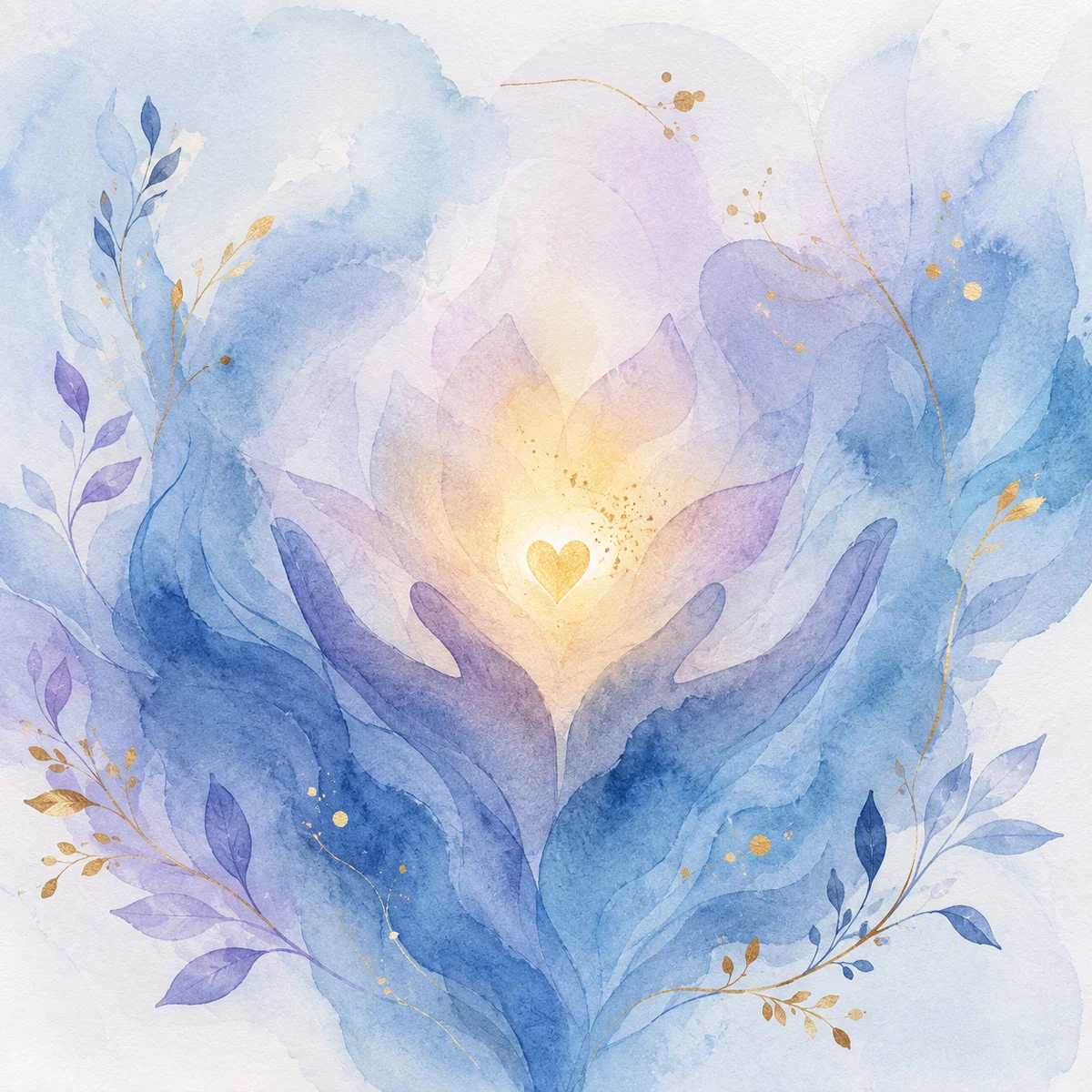 Soft blue and lavender watercolor washes with warm golden center light, inner strength