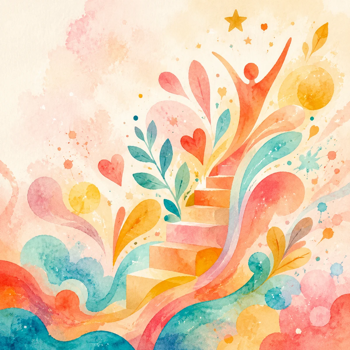 Joyful ascending watercolor splashes in coral, gold, turquoise, and pink, growing confidence