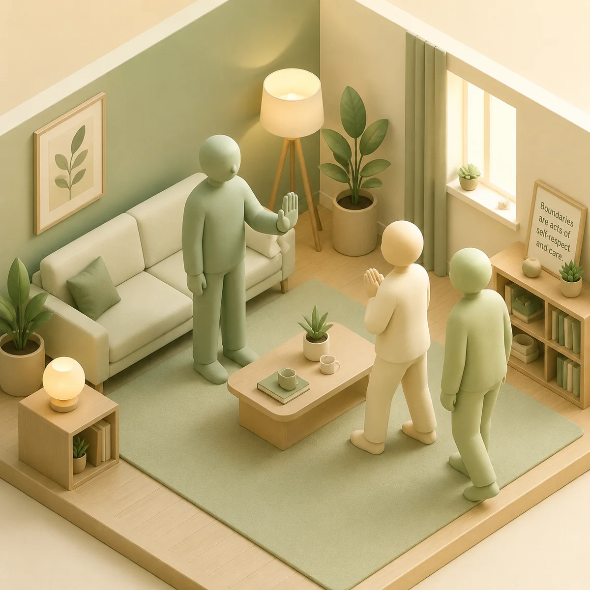 Isometric illustration of three figures with one making a pause gesture during threesome boundary check