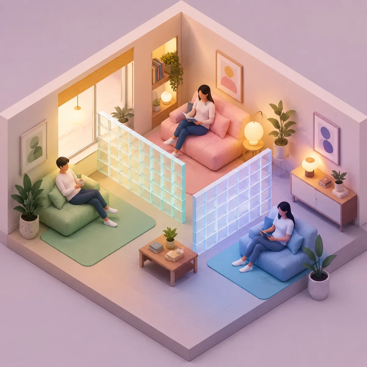 Isometric view of room with translucent boundary walls representing personal space in threesome dating
