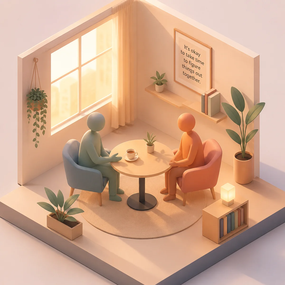 Isometric scene of two figures having calm conversation about boundaries after threesome experience