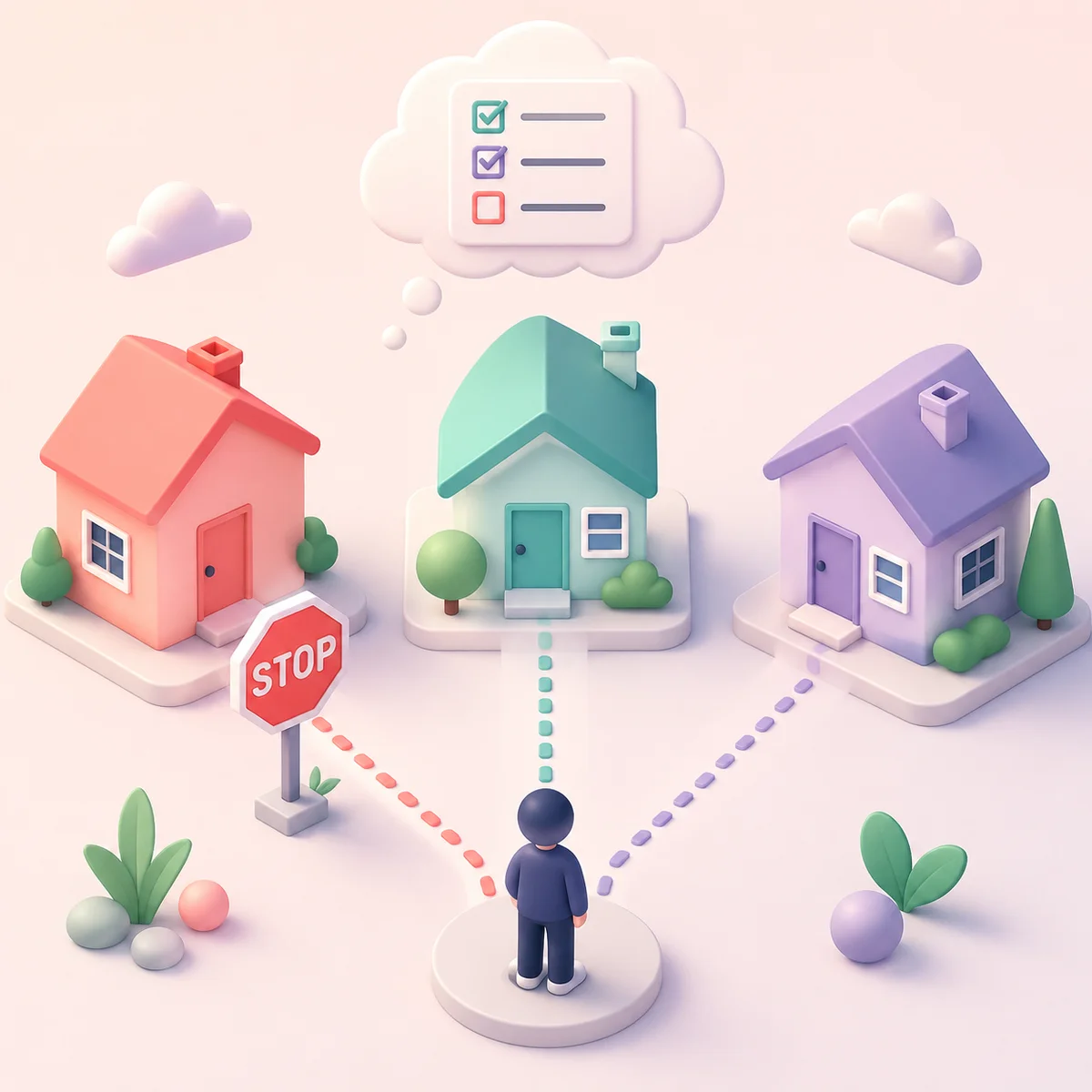 Isometric illustration of houses connected by paths with boundary stop sign representing relationship limits
