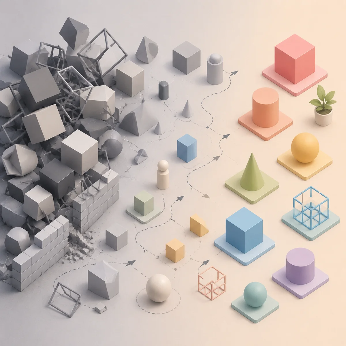 Split isometric composition showing tangled shapes becoming organized — boundary resolution in threesome dating