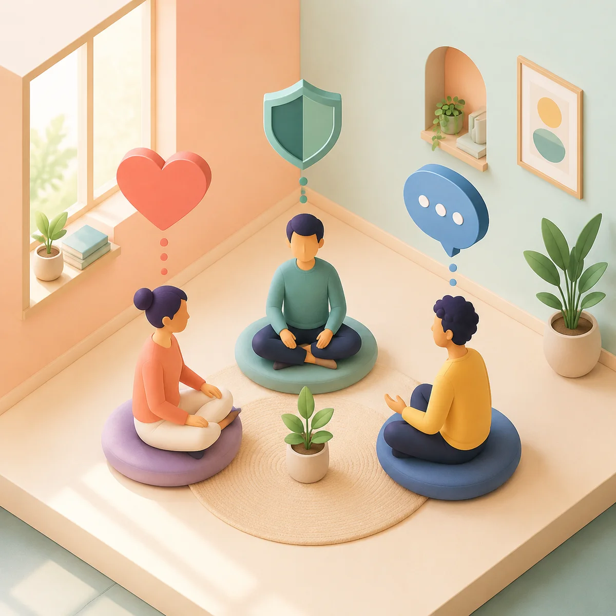 Three figures in circle with floating symbols representing healing conversation after threesome boundary crossing