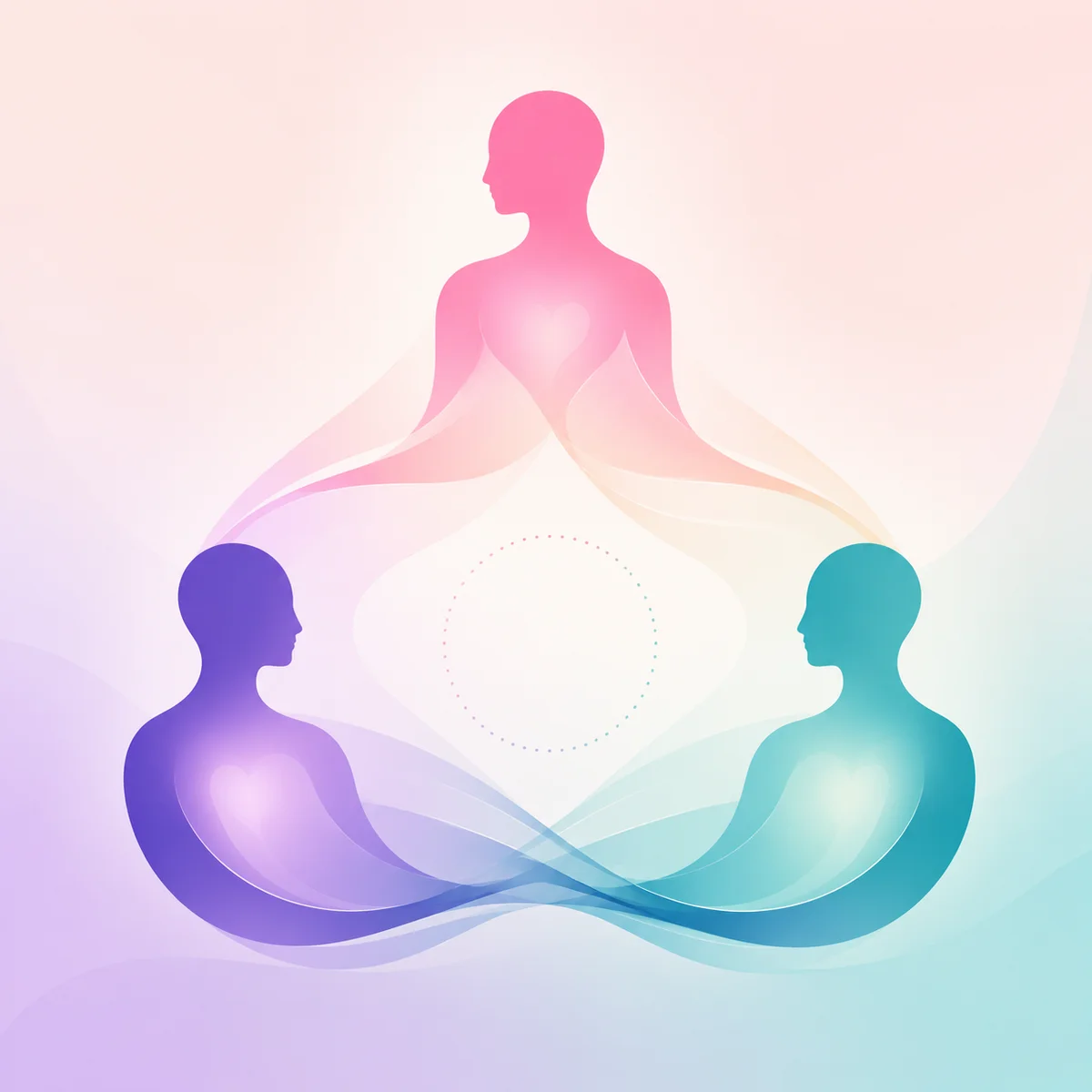 Three abstract figures connected by flowing gradient lines, representing balanced triad dynamics