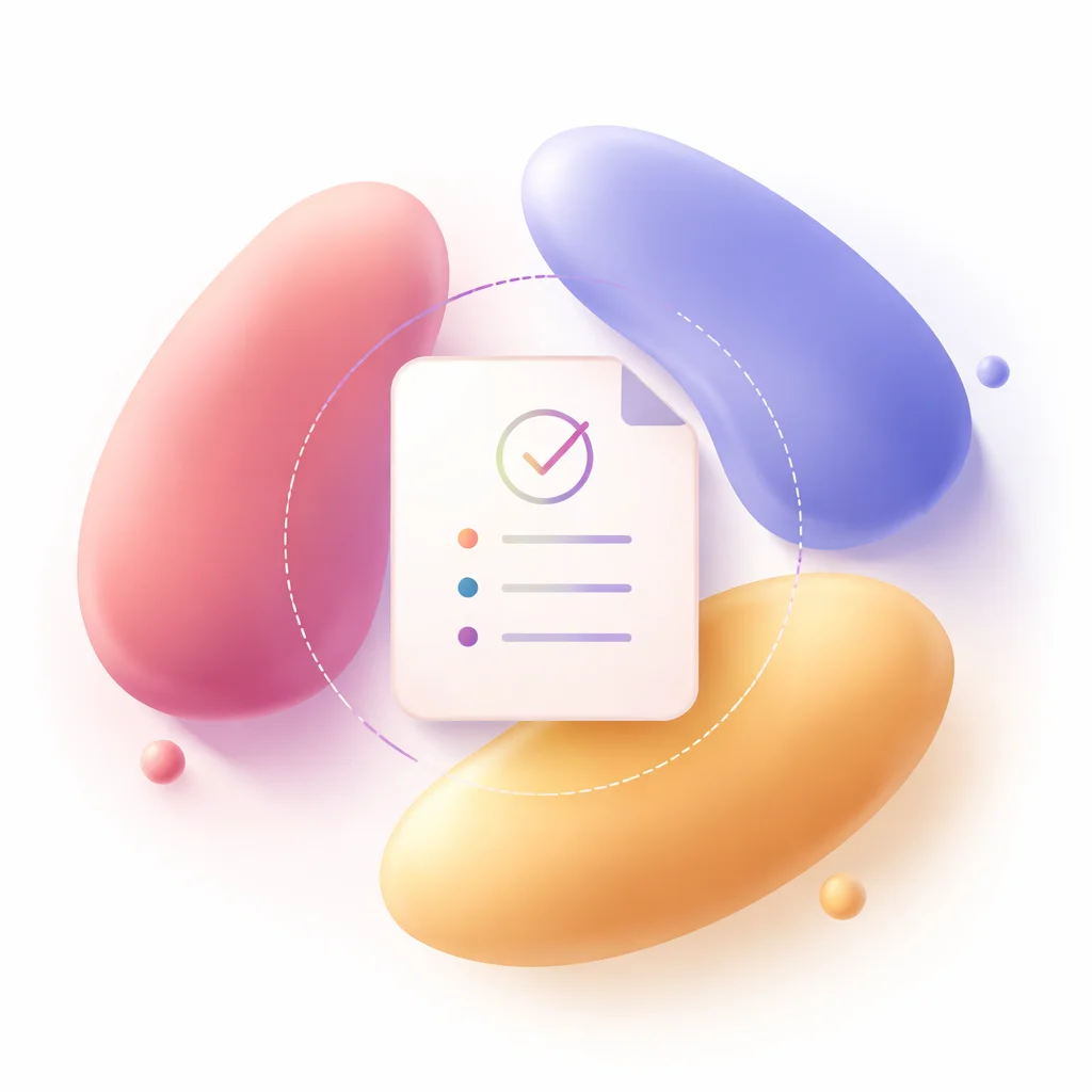 Three abstract shapes arranged around a shared document with gradient color transitions between them