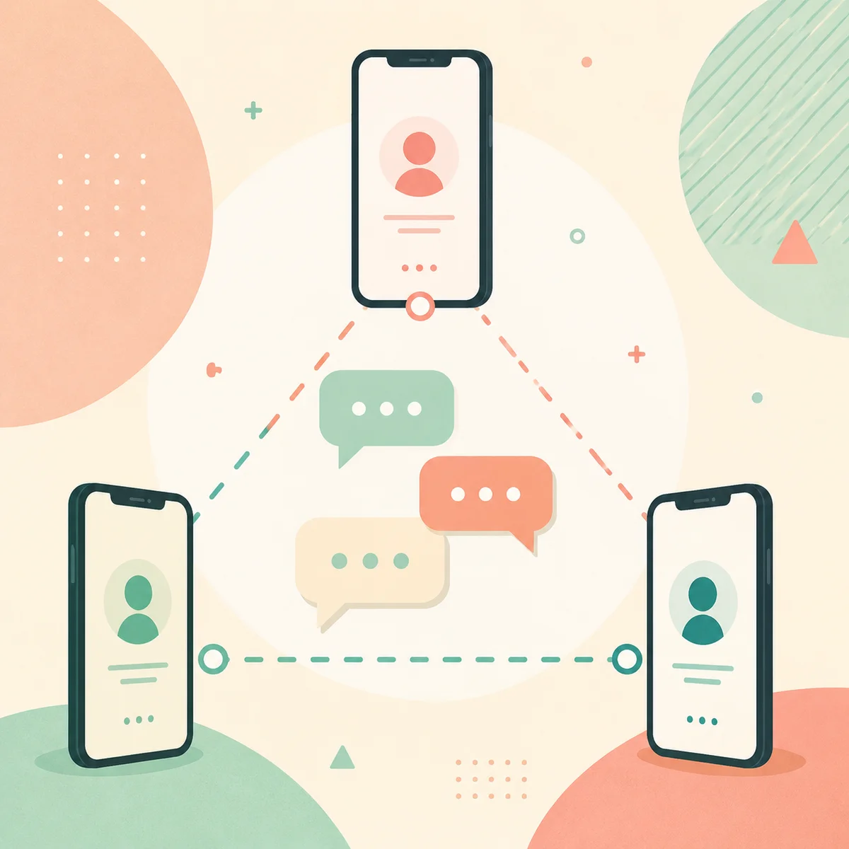 Three phones showing group chat messages floating in a geometric triangle pattern