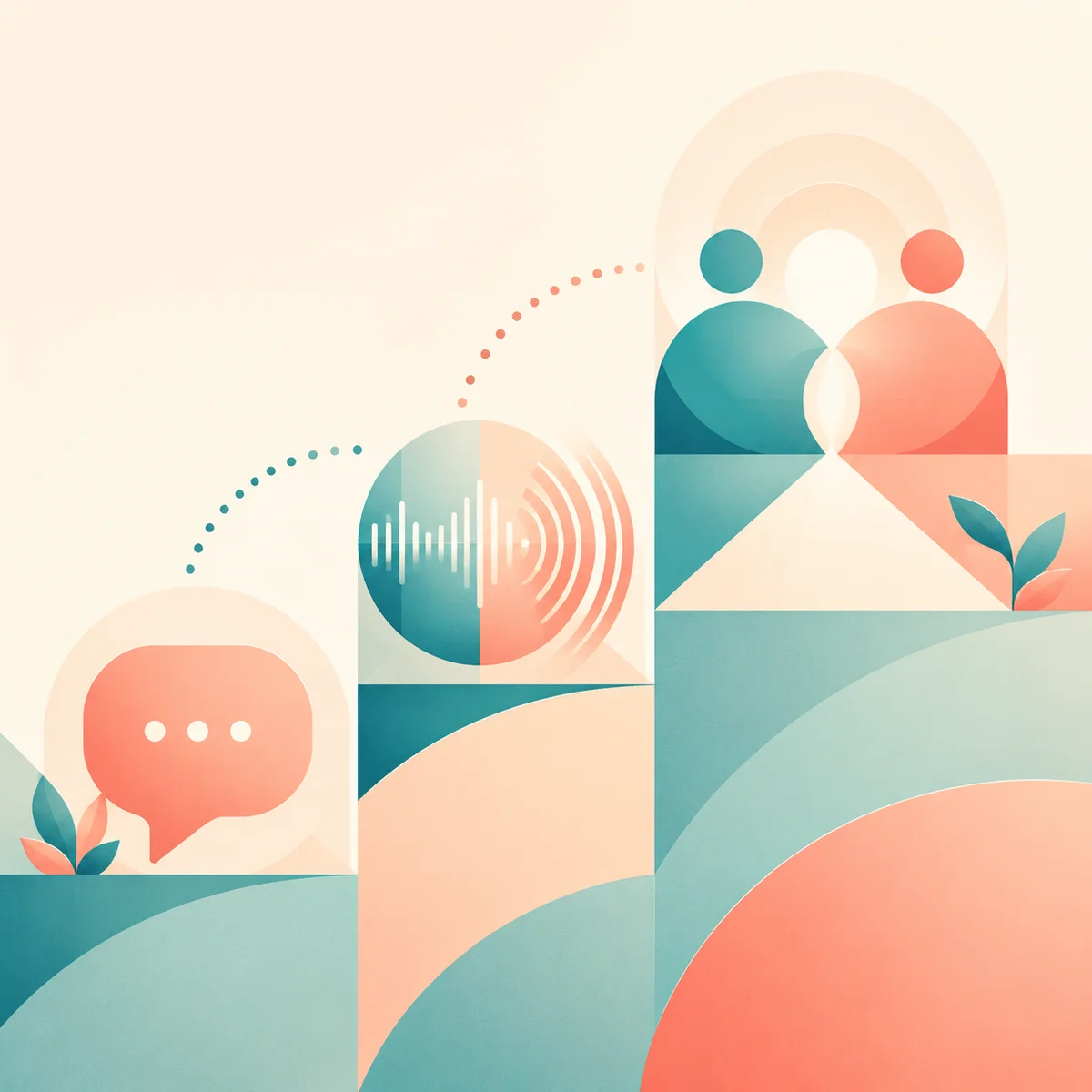 Abstract geometric illustration showing stages of building connection from text to meeting