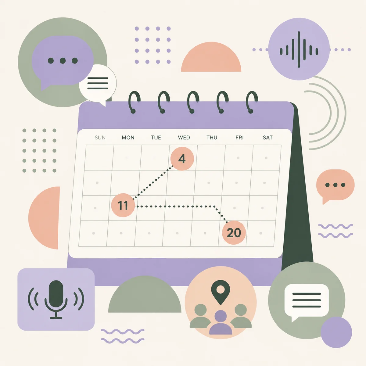 Geometric calendar with three highlighted dates connected by communication symbols