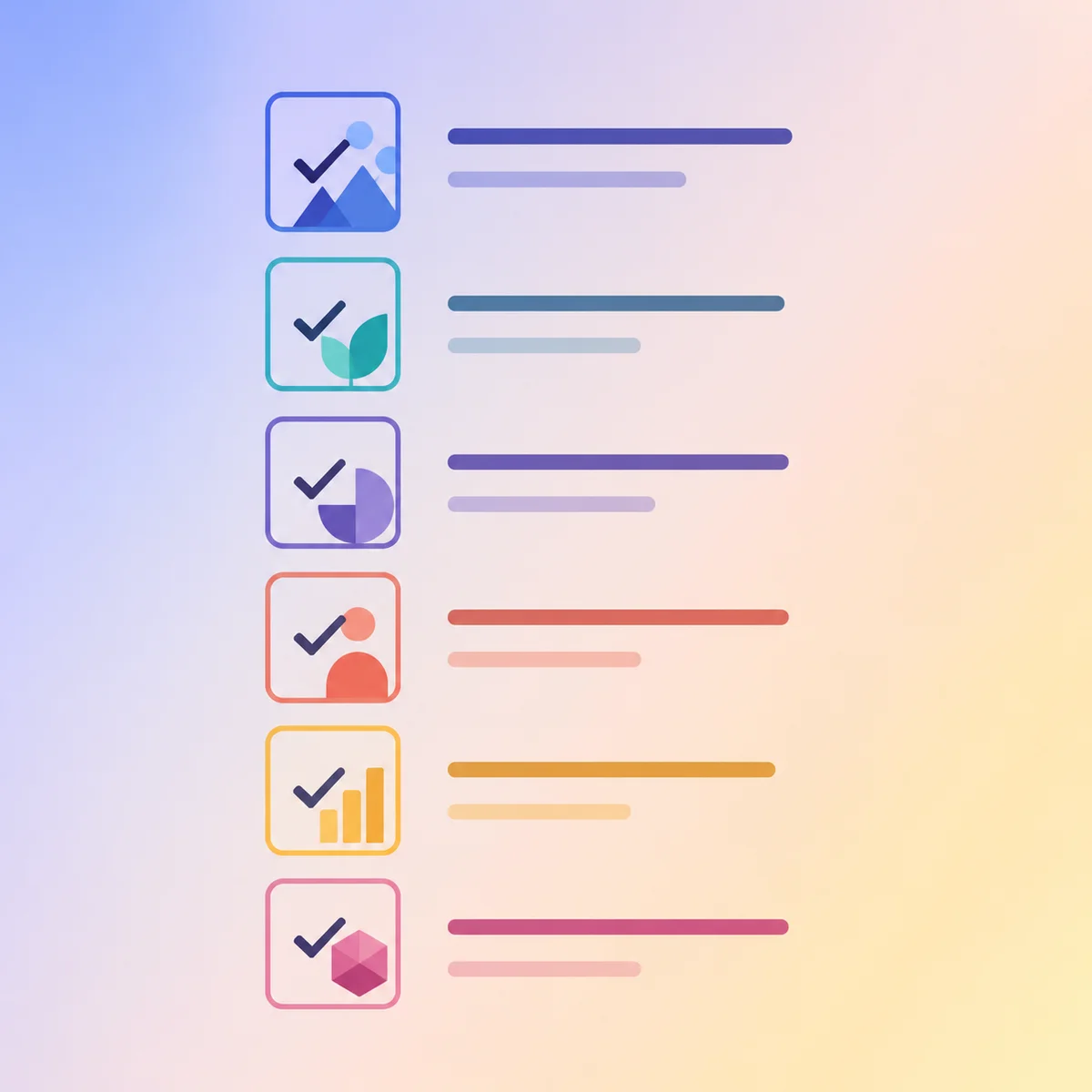 Six-item checklist with abstract icons in a warm-to-cool gradient layout