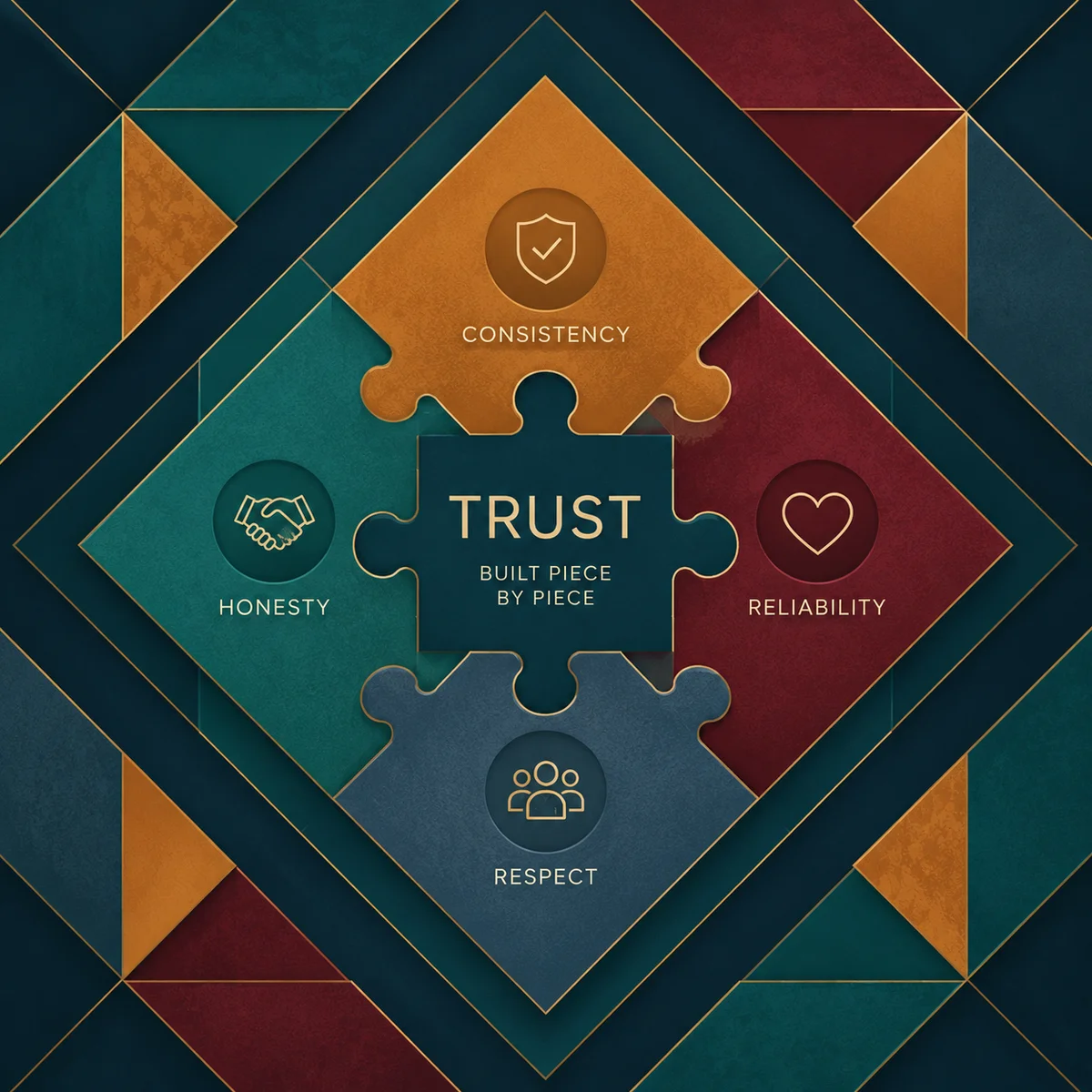 Geometric puzzle piece artwork representing trust-building through consistent actions in relationships