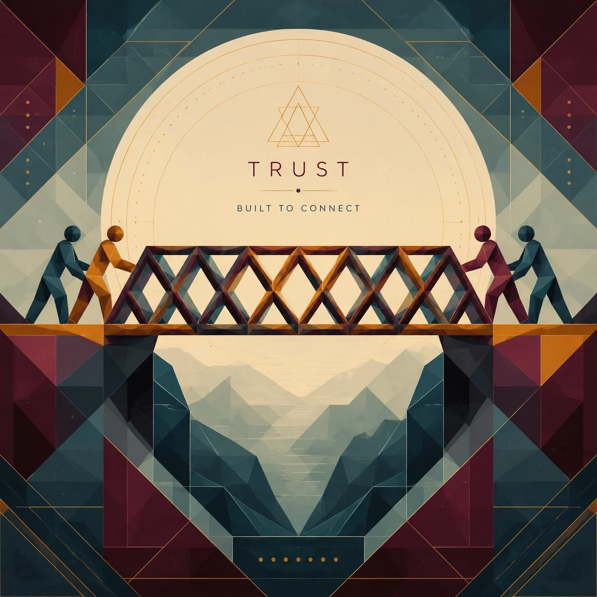 Geometric bridge structure artwork depicting trust as an intentionally constructed connection