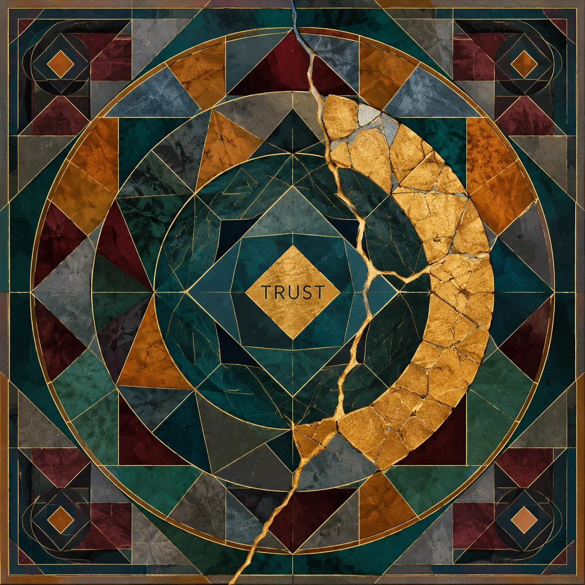 Kintsugi-inspired geometric mosaic artwork symbolizing trust repair after relationship challenges