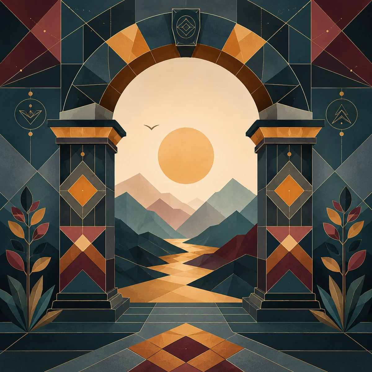 Geometric pillar and archway illustration representing trust creating safe space for exploration
