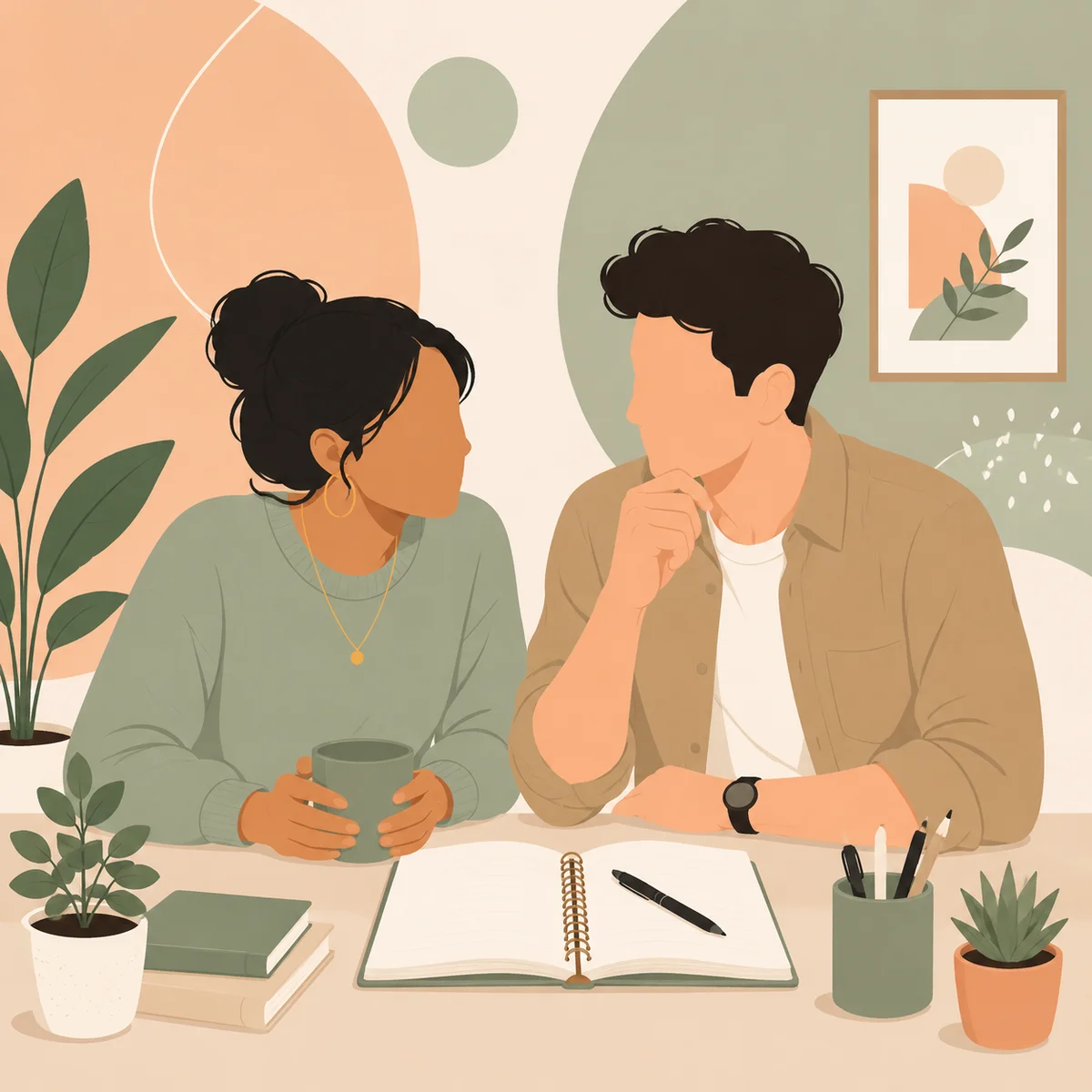 Couple writing threesome agreement together on notebook with pen
