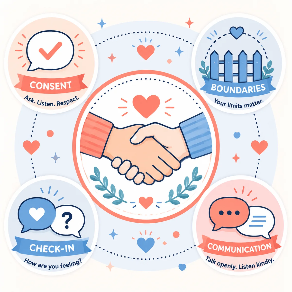 Consent and communication icons representing threesome agreement elements