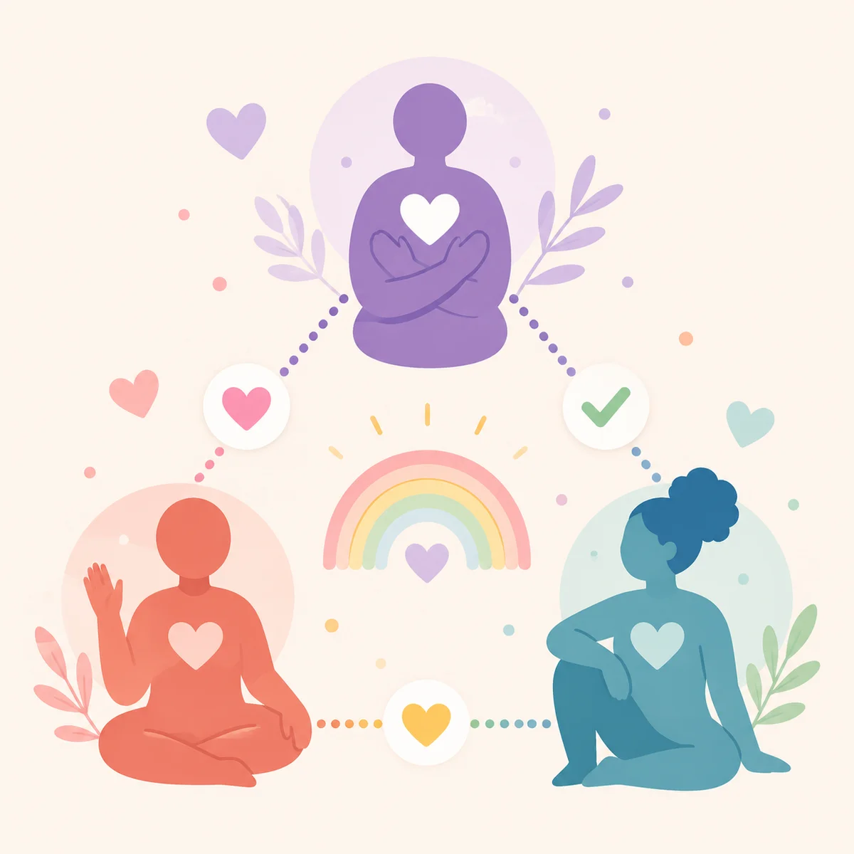 Three figure silhouettes in balanced triangle showing equal partnership in threesome agreement
