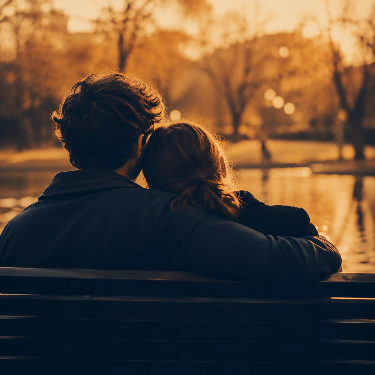 Warm duotone photo of a couple on a park bench at golden hour, representing emotional connection in primary relationships
