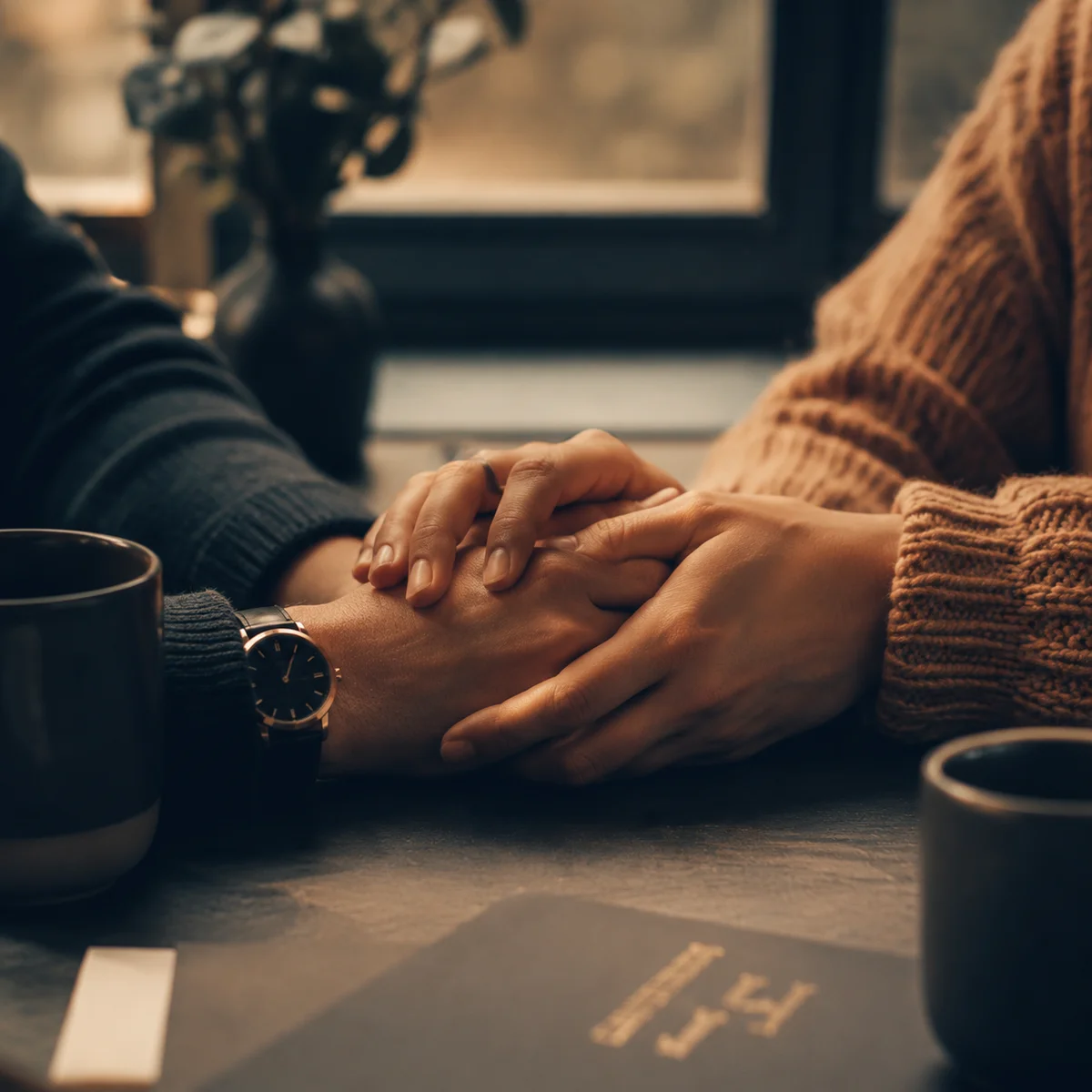 Warm duotone of two hands intertwined in natural window light, symbolizing trust between partners