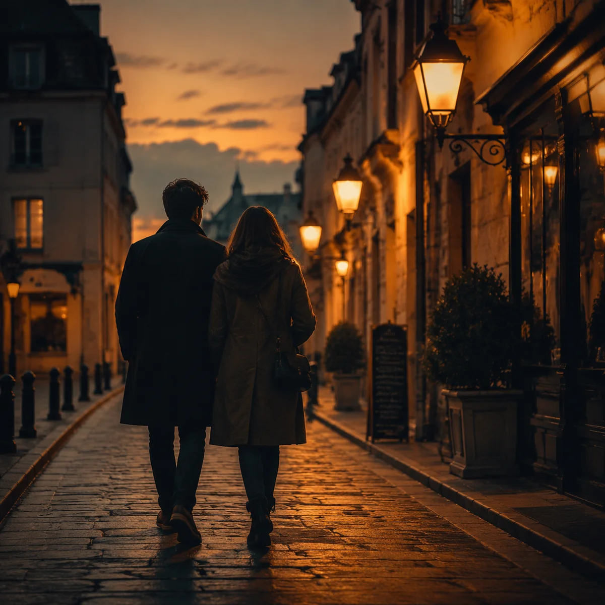 Warm duotone photo of a couple walking together at dusk, representing the shared journey of exploring cuckold dynamics