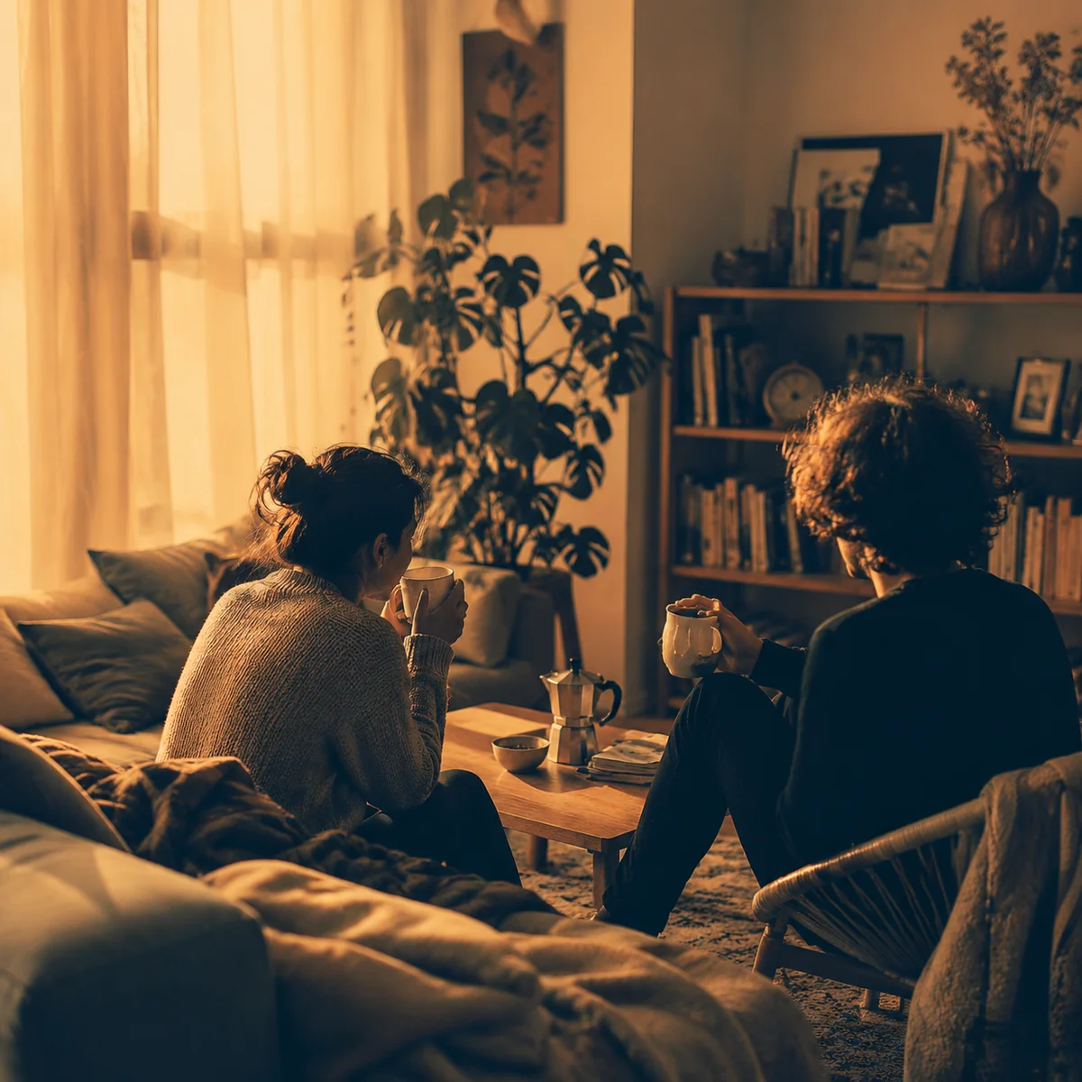 Warm duotone of a cozy morning scene with two people sharing coffee in soft golden light