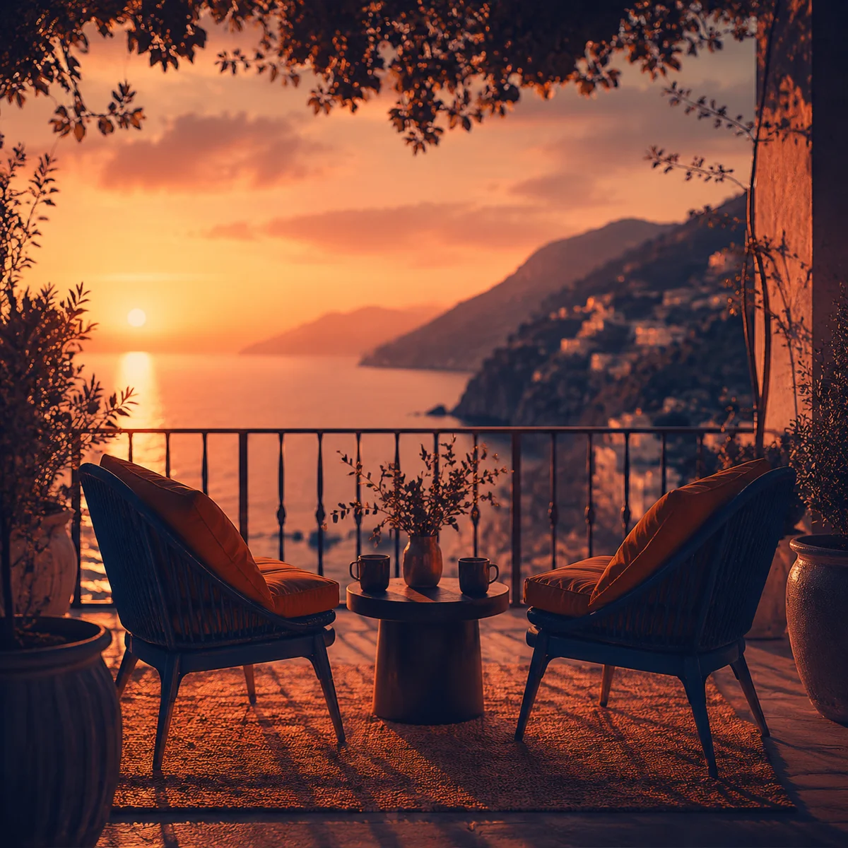 Warm duotone photo of two chairs on a balcony at sunset, symbolizing equal partnership and open dialogue