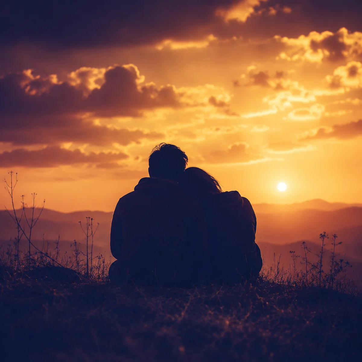Warm duotone of intertwined silhouettes against sunrise sky, representing a strengthened primary bond