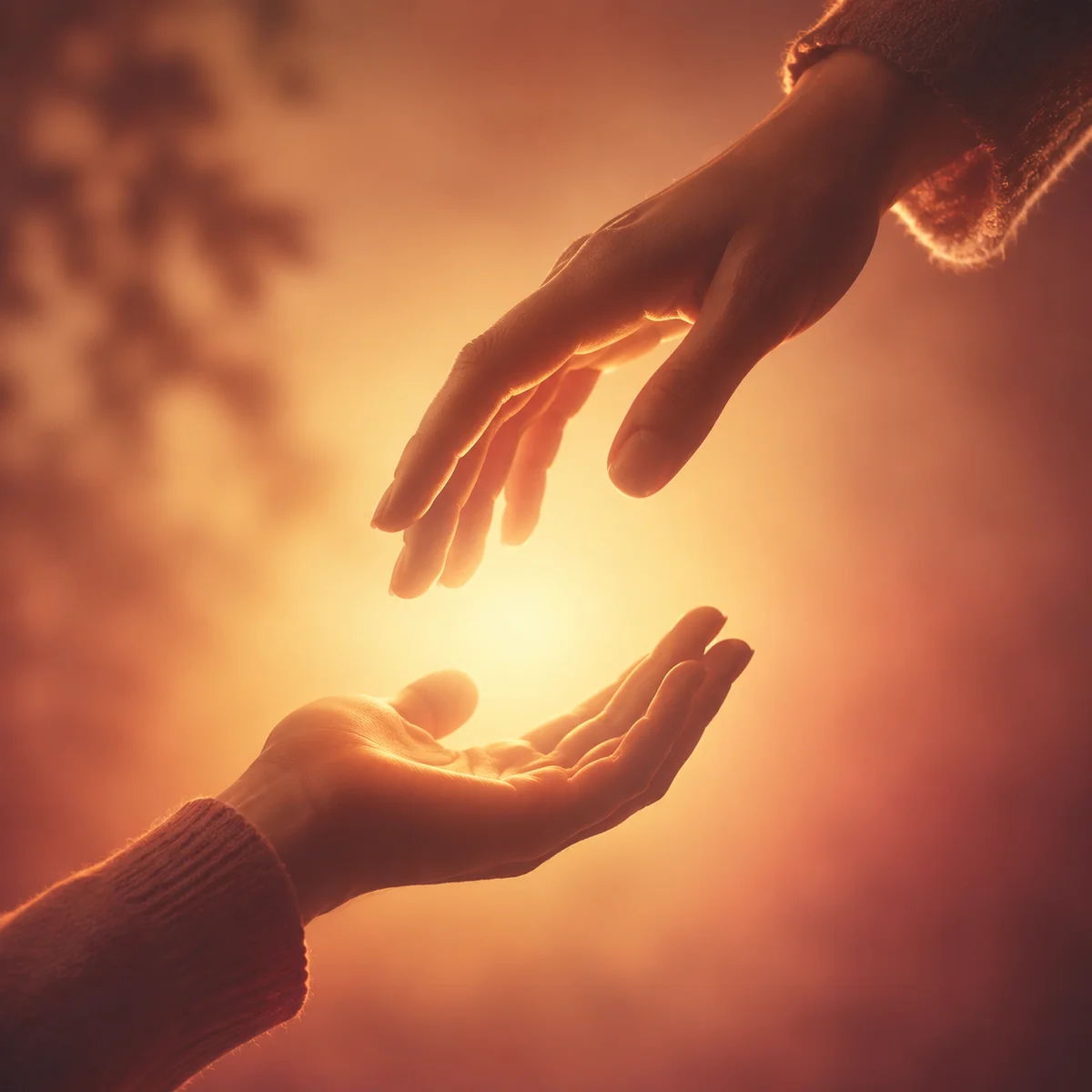 Warm duotone image of two hands reaching toward each other with protective light between them