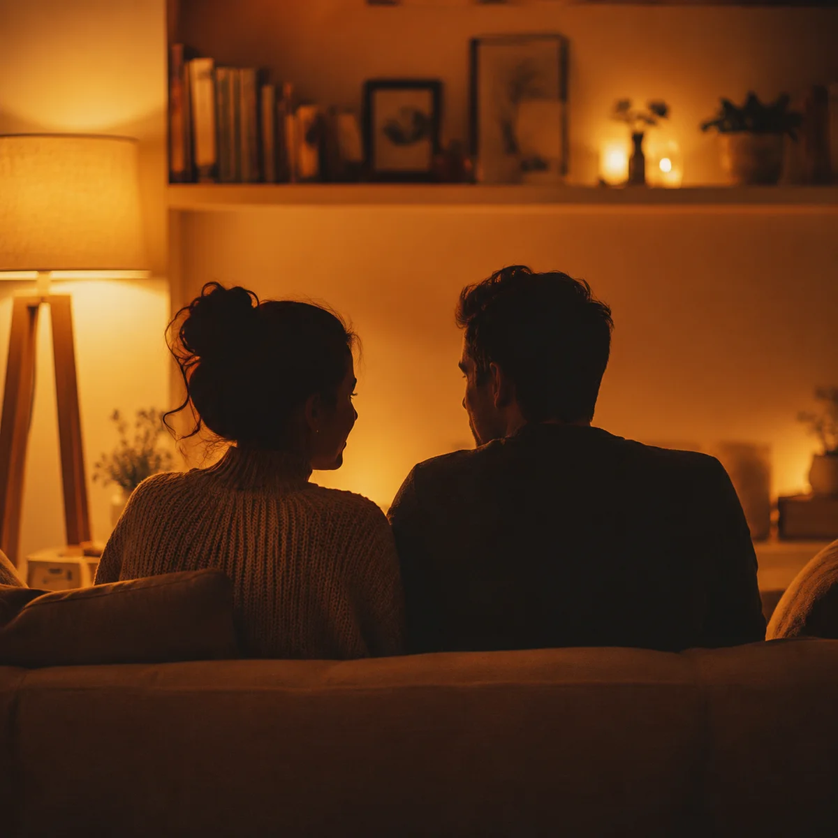 Warm duotone silhouette of a couple sitting together in quiet conversation on a couch