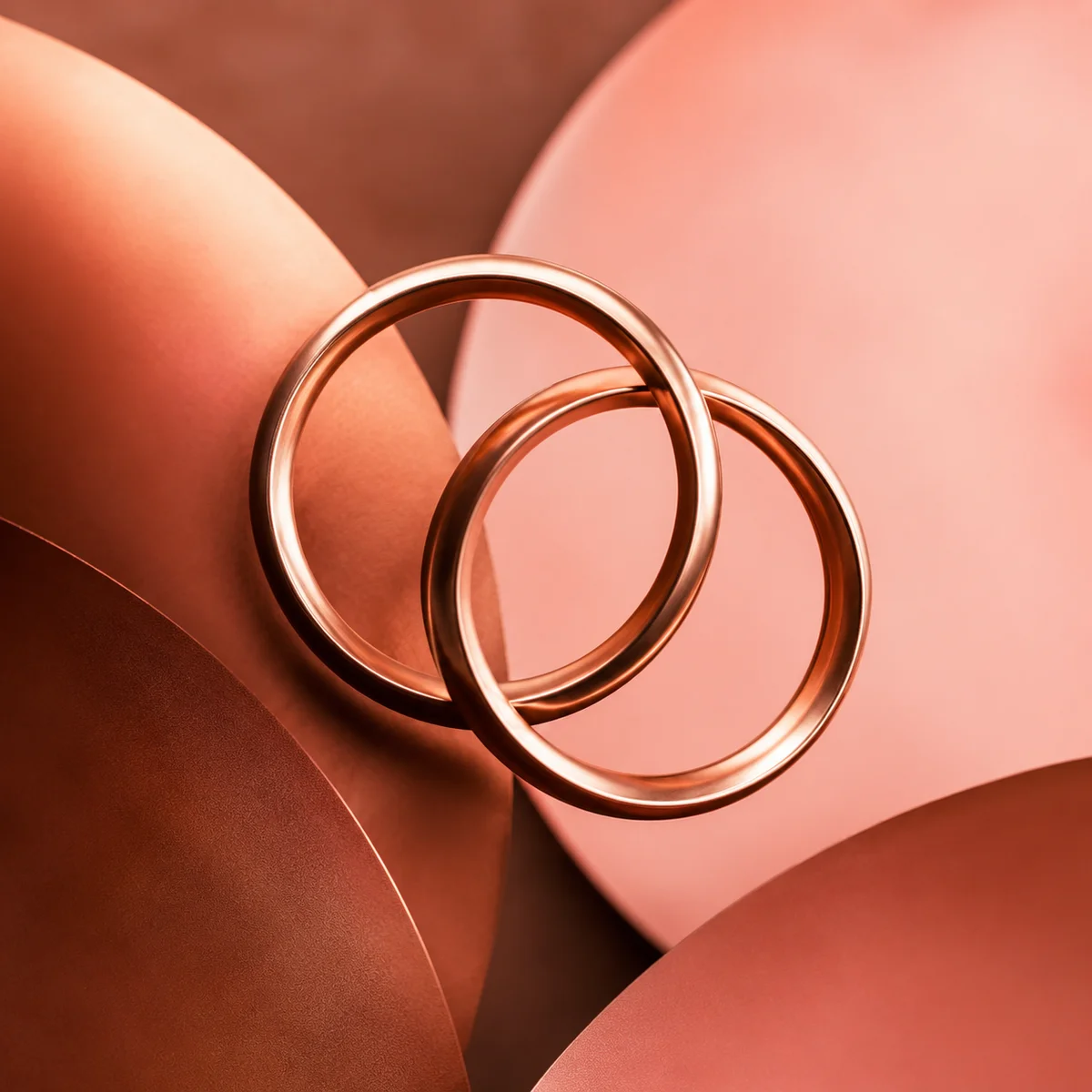 Warm duotone abstract composition of interlocking copper and rose circles representing trust