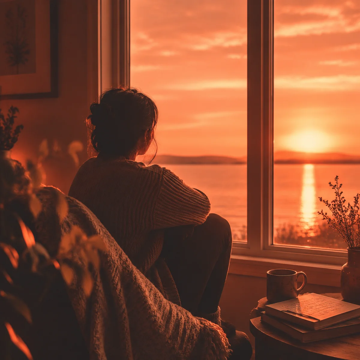 Warm duotone image of a figure looking out a window at sunset light, contemplative mood