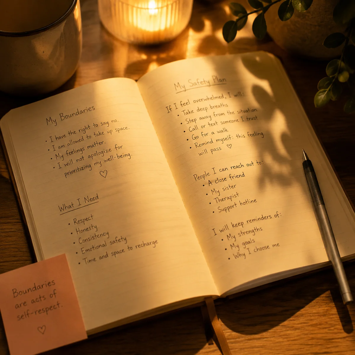 Warm duotone image of a journal and pen in golden light, representing safety planning
