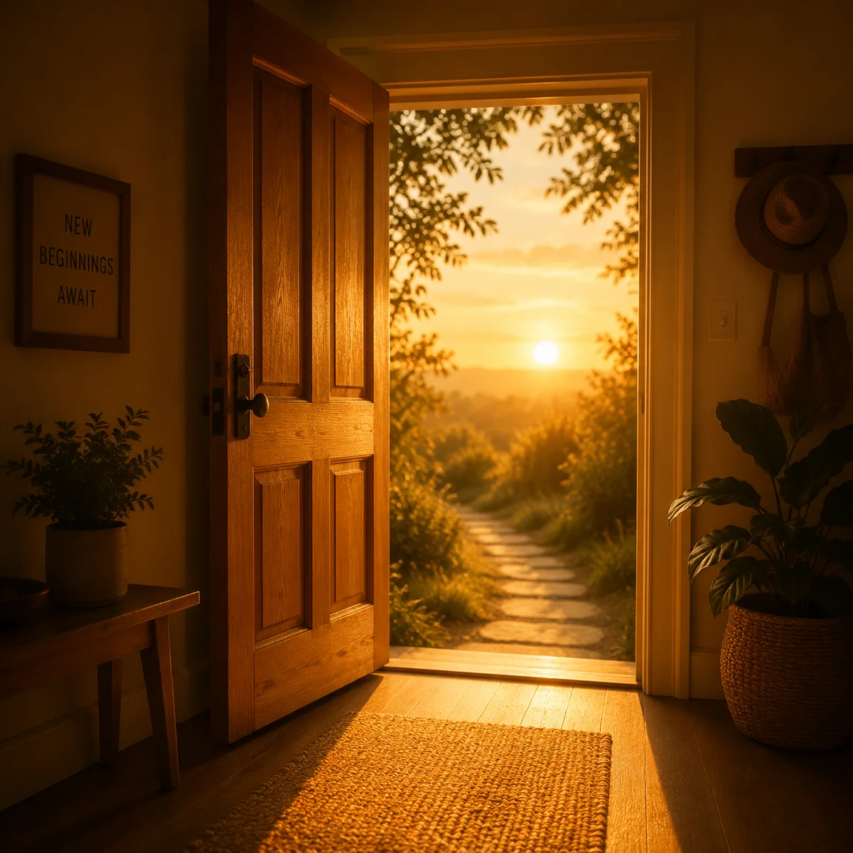 Warm duotone image of an open door with amber light spilling through, symbolizing safe entry