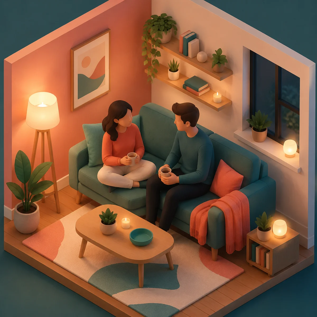 Isometric illustration showing a couple having an intimate conversation in a cozy living room setting with soft pastel colors