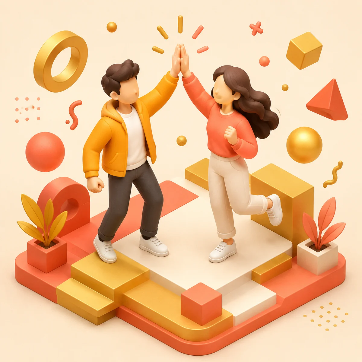 Isometric illustration of a couple high-fiving celebrating together, representing shared excitement without power dynamics