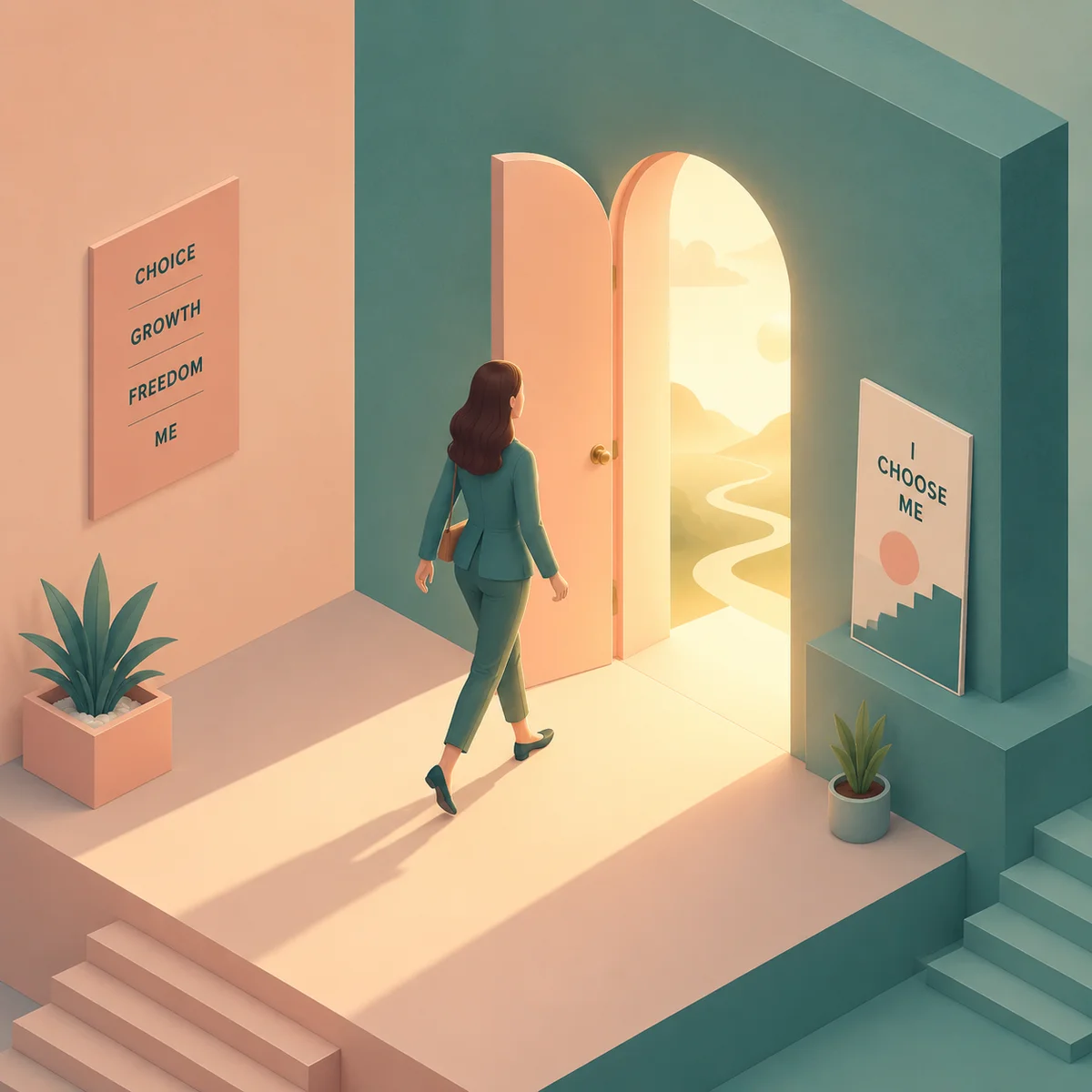 Isometric illustration of a confident woman walking through a doorway with light streaming in, representing autonomy and choice