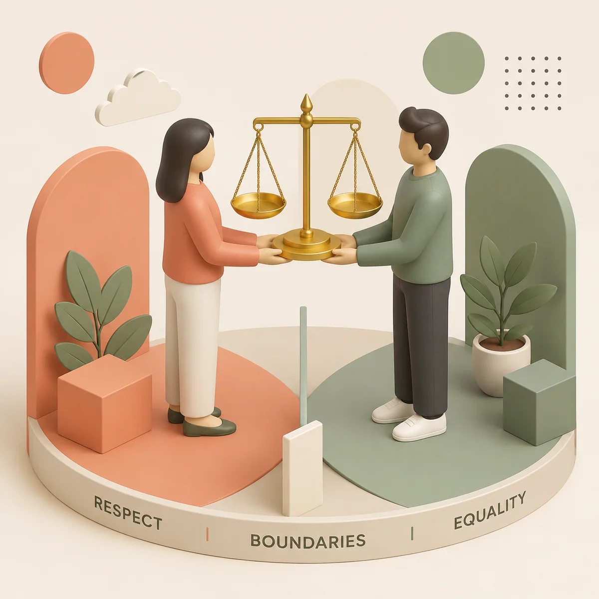 Isometric illustration of two figures holding a balanced scale, representing negotiated power dynamics with clear boundaries
