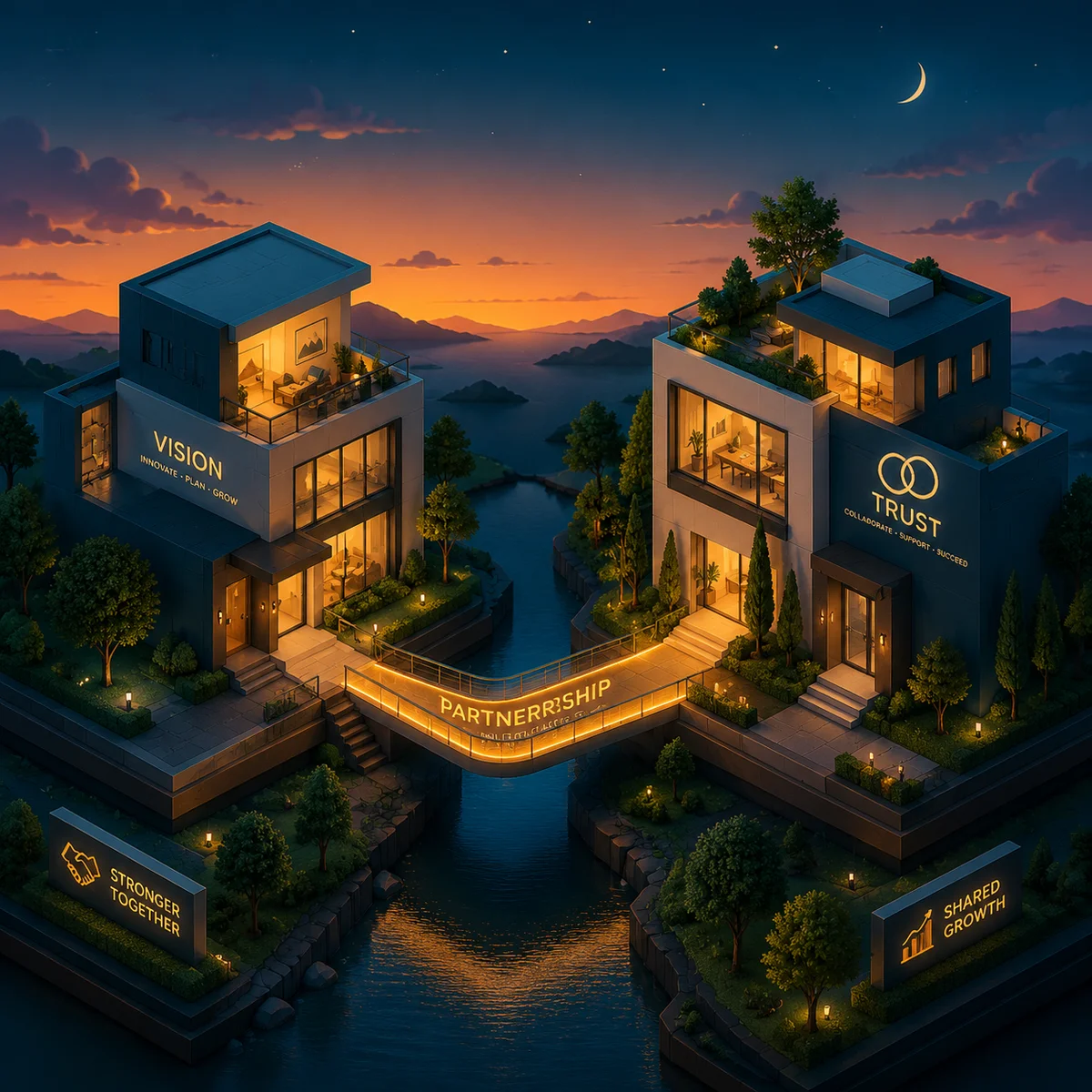 Isometric illustration of two connected homes with a bridge, representing long-term integrated lifestyle dynamics between partners