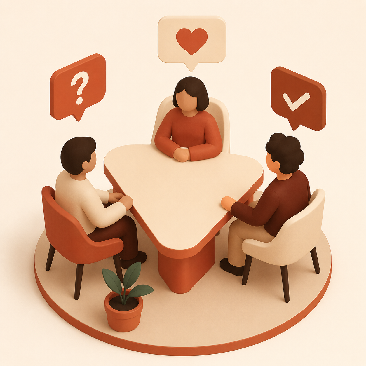 Three abstract figures communicating at a triangular table about relationship preferences