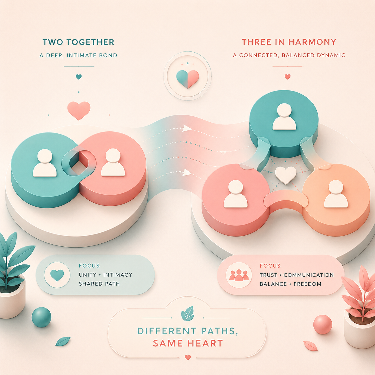 Connected geometric shapes representing different non-monogamous relationship structures