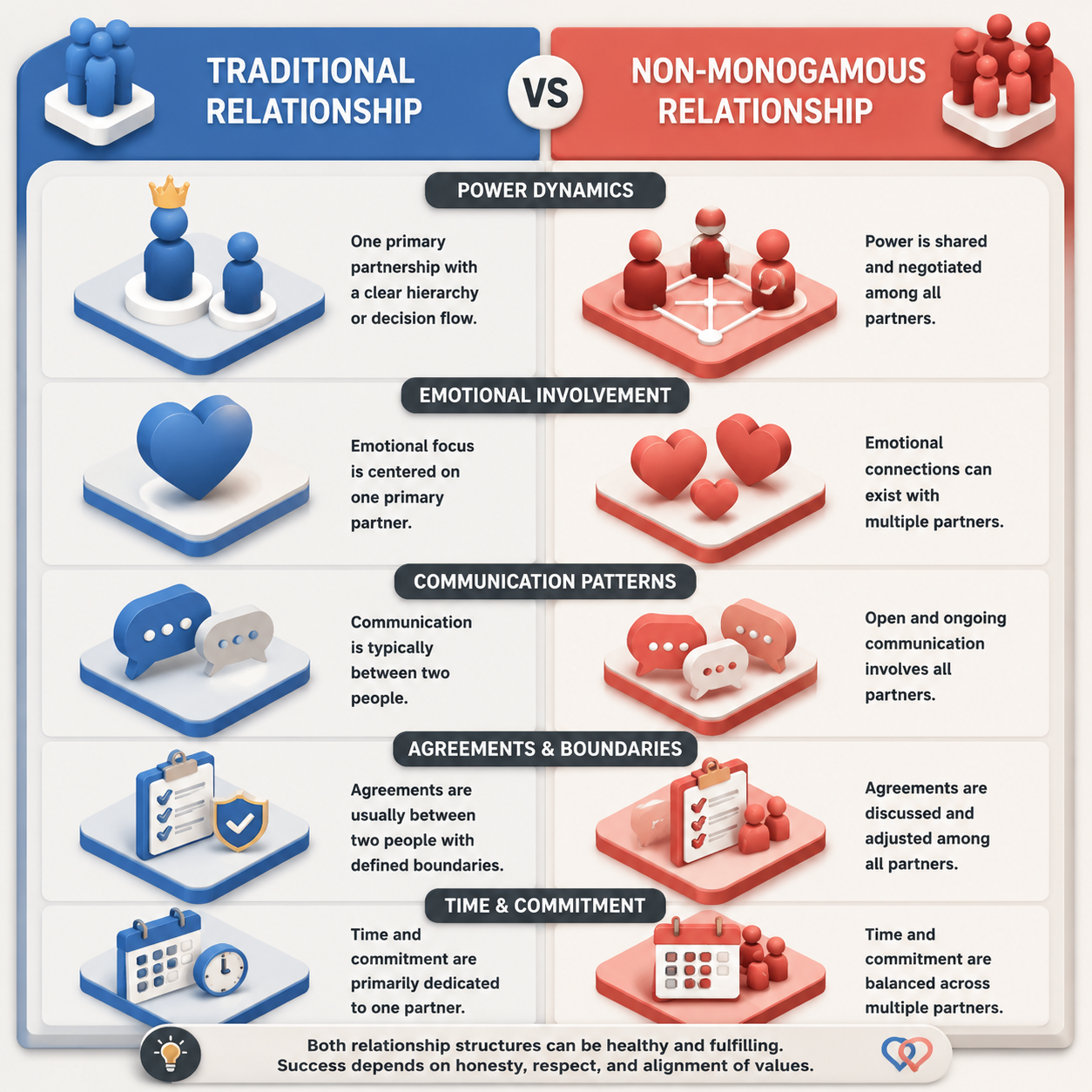 Isometric comparison diagram of cuckolding versus threesome dating dimensions