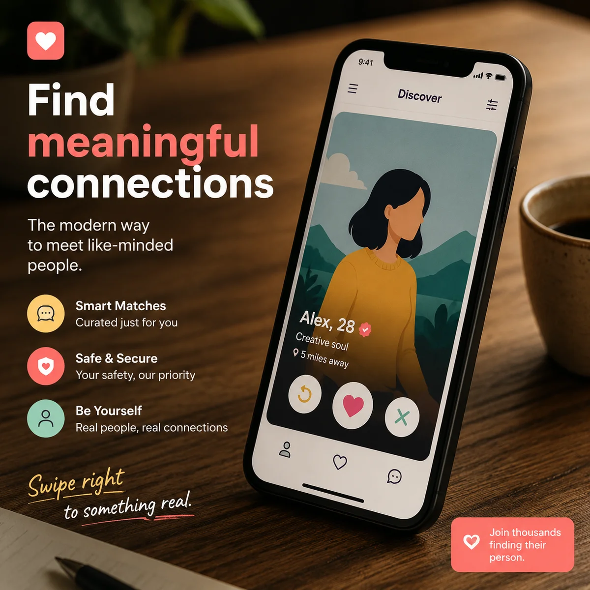 Smartphone with dating app profile on table