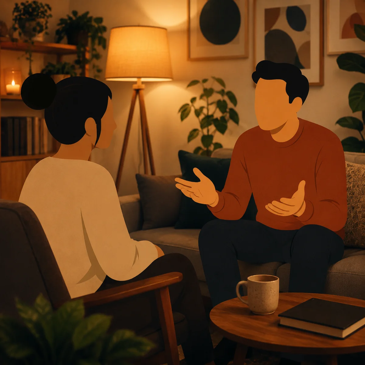 Two people talking openly in a cozy living room