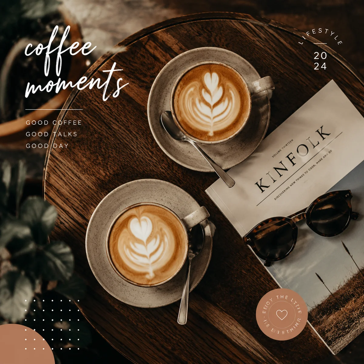 Two coffee cups on cafe table flat-lay composition
