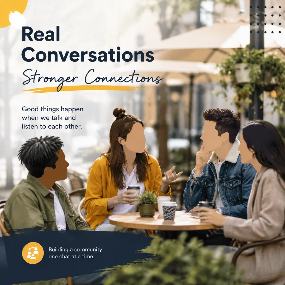 Diverse group chatting casually at outdoor cafe