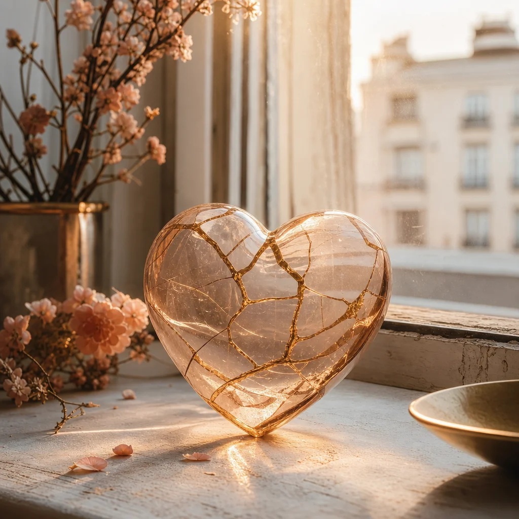 Glass heart with gold kintsugi repair representing resilience through emotional vulnerability
