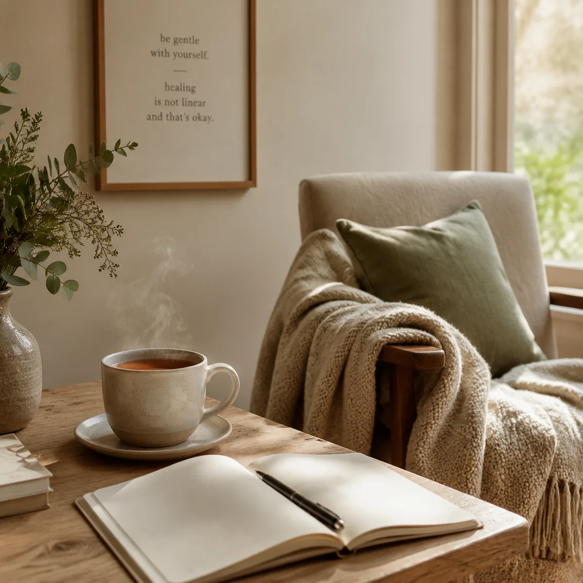 Calm domestic still life of tea and journal evoking aftercare and emotional recovery