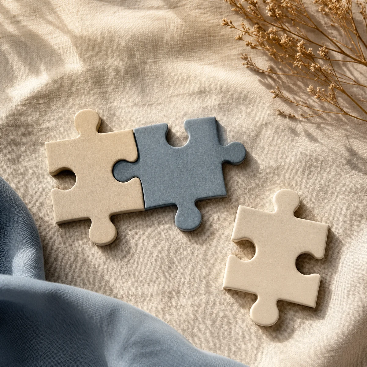 Three equal puzzle pieces representing balanced partnership in a three-person dynamic