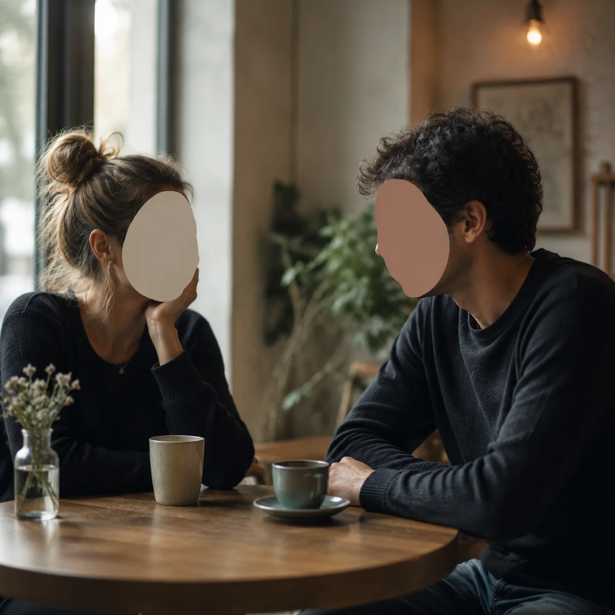 Editorial photography of two people having a calm conversation at a cafe