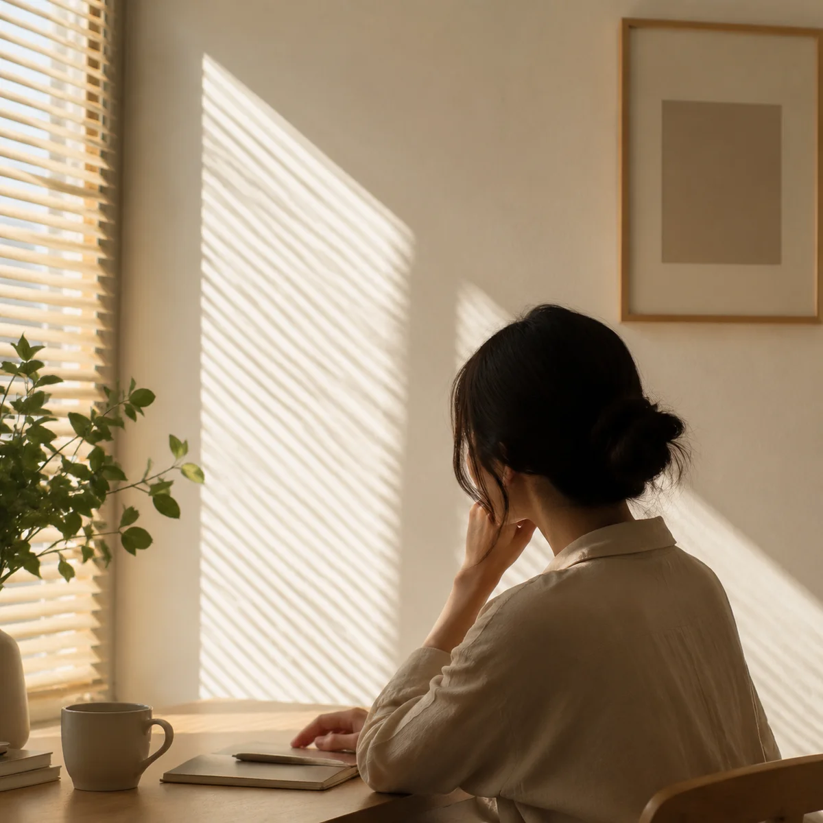 Editorial photography of a person writing thoughtfully at a desk